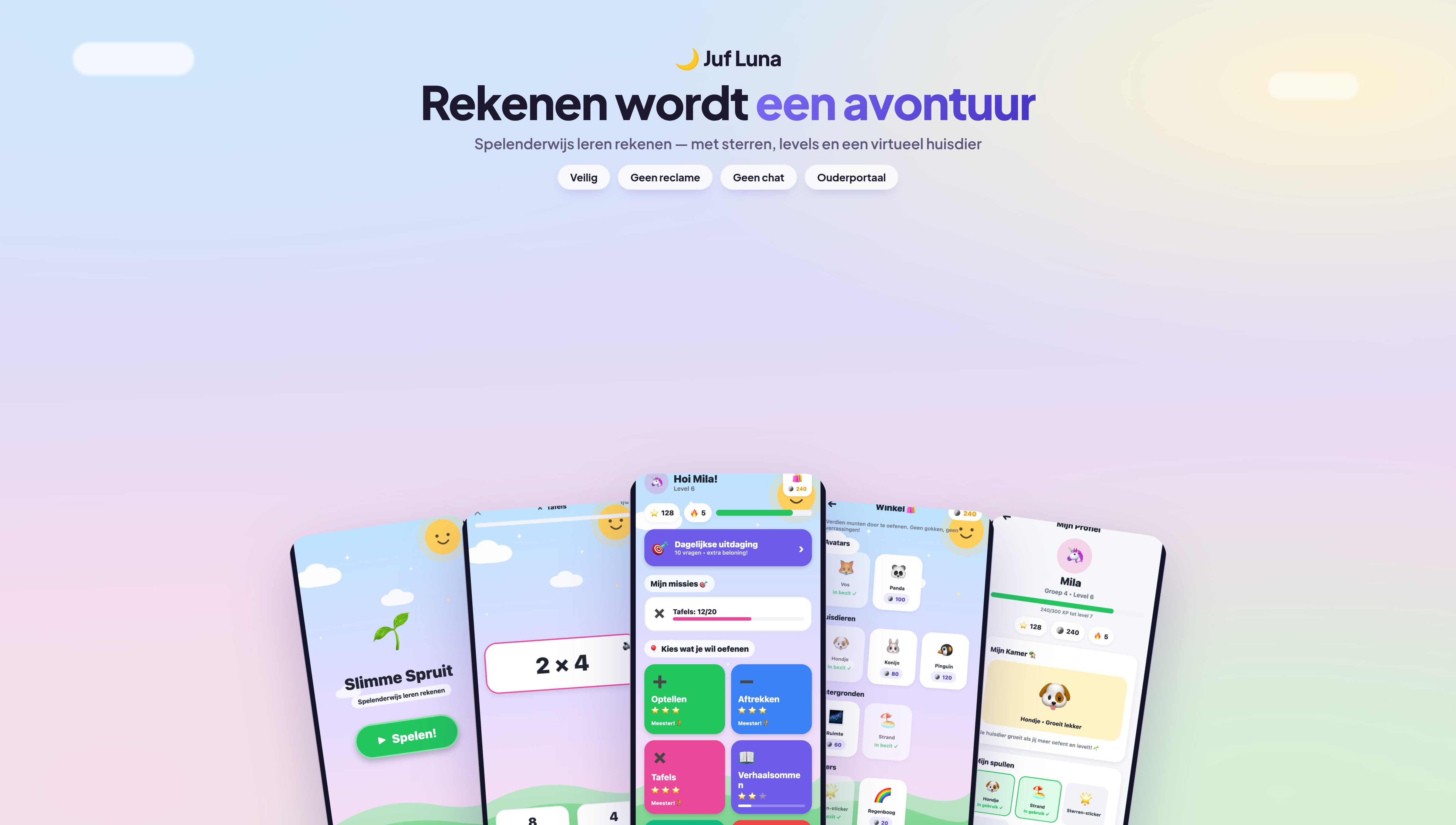 Juf Luna — Reken-app voor groep 3, 4 en 5